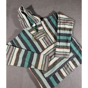 Molina Poncho Jacket Unisex Large L Green Striped Mexican Blanket Pockets